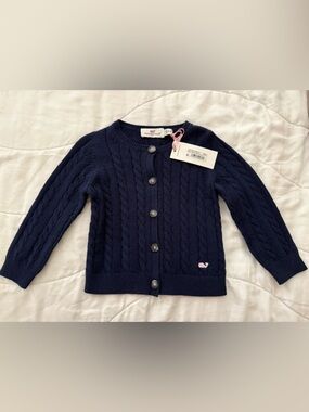BABY/TODDLER Vineyard Vines Navy Cable-Knit Cardigan with Pink Whale Logo